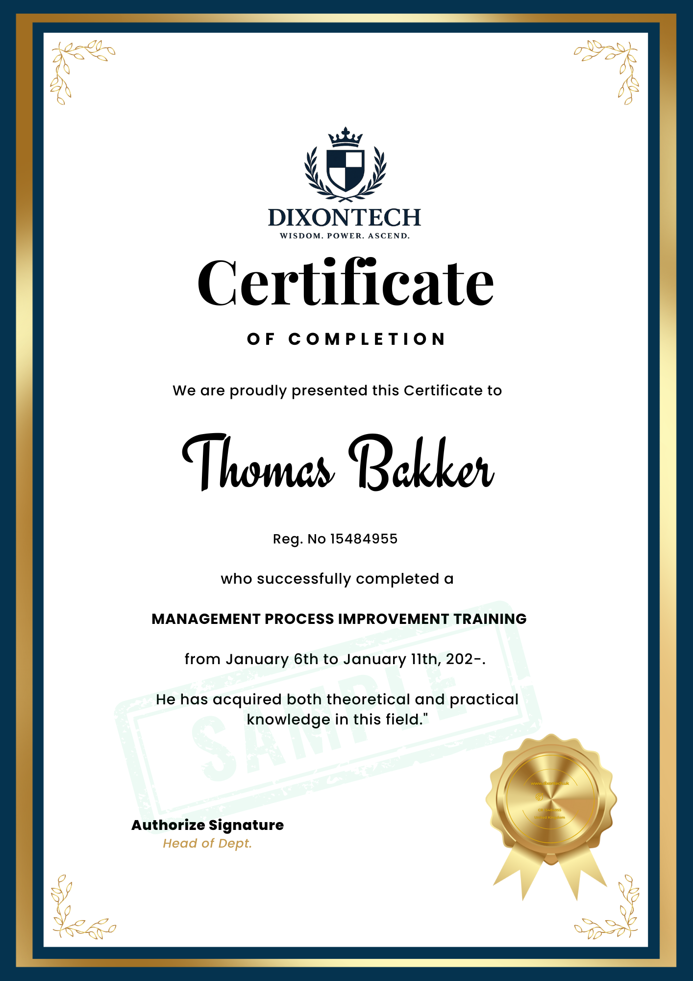 Sample training certificate